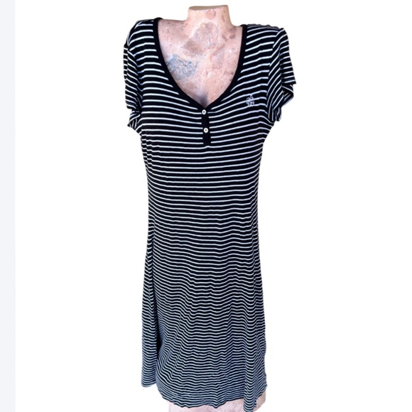 Short Sleeve Cotton Black & White Stripe Long Maxi Casual Dress - Picture 5 of 10